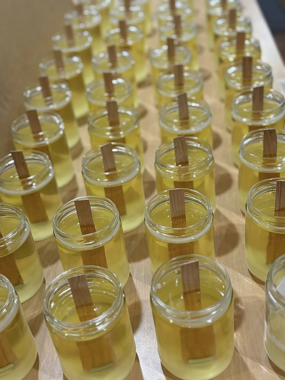 Freshly poured soy candles with wood wicks setting in rows at the Bluebird Candle shop