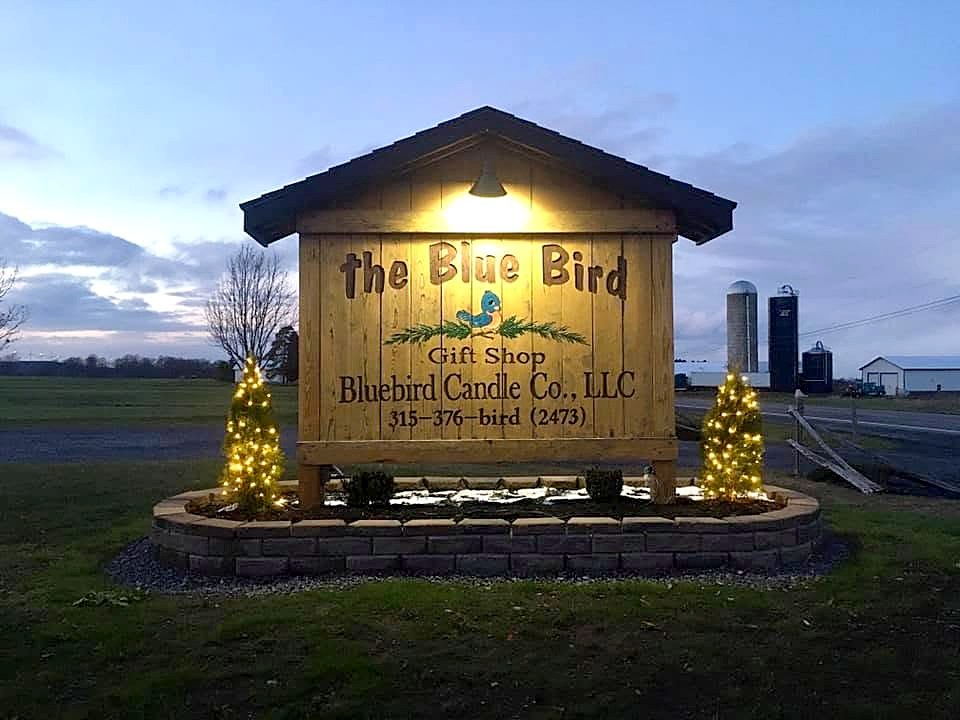 The Blue Bird Gift Shop sign lit at dusk with holiday trees, Lowville, New York