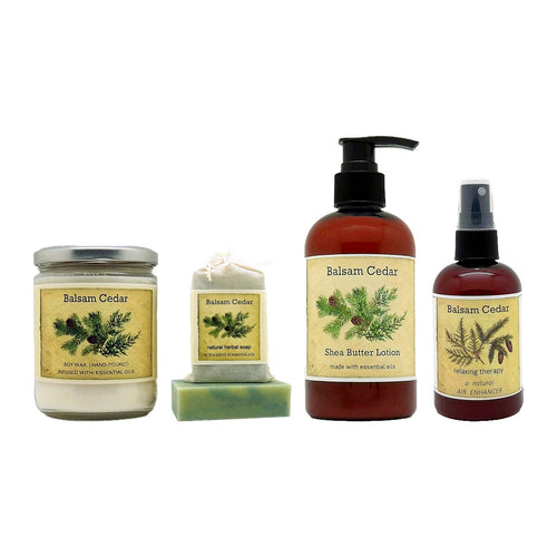 Balsam Cedar Gift Set: a 12 oz. candle, herbal soap, shea butter lotion, and spray