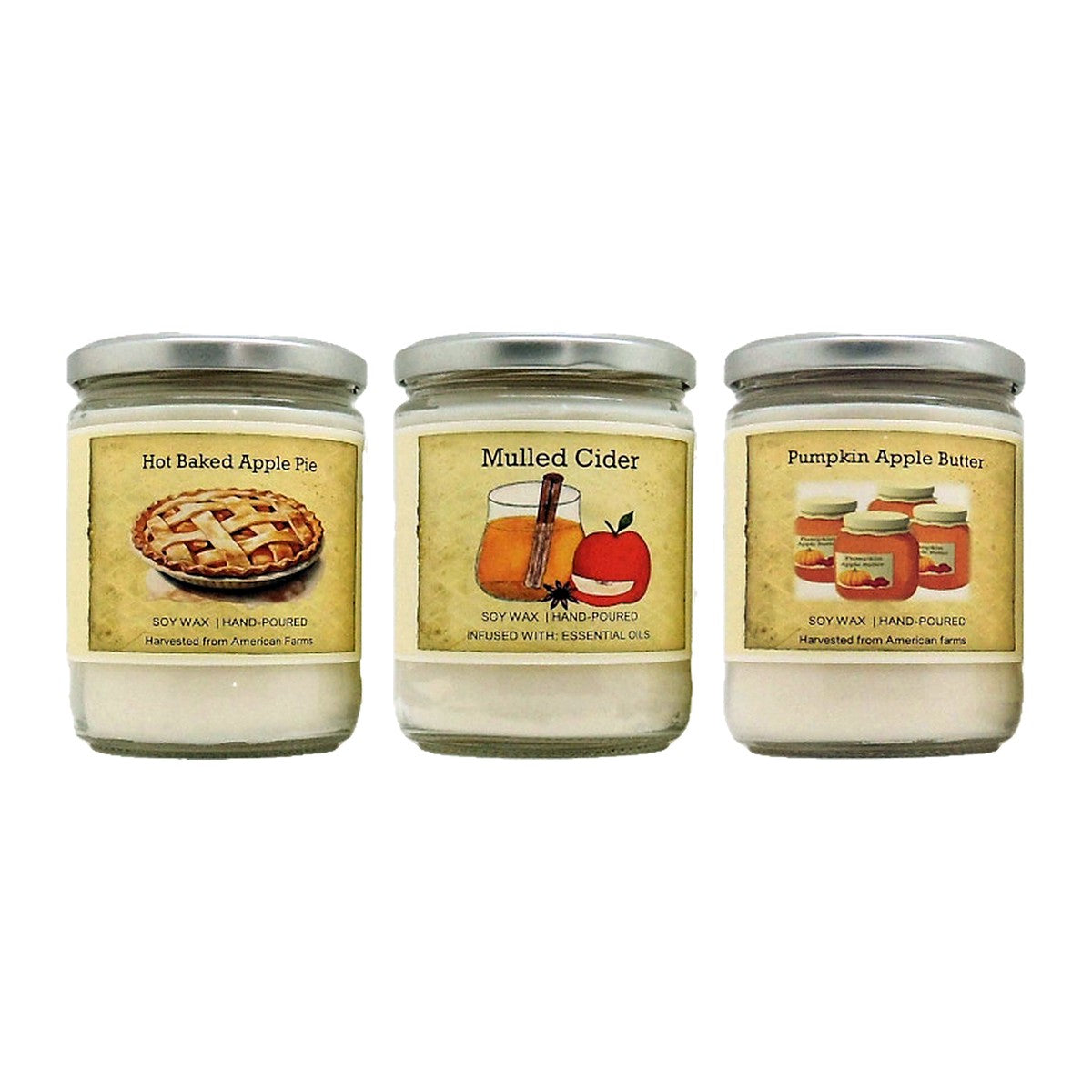 Fall Harvest Candle Trio: a 12 oz. Hot Baked Apple Pie wood wick candle, a 12 oz. Mulled Cider wood wick candle, a 12 oz. Pumpkin Apple Butter wood wick candle