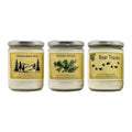 Adirondack Forest Candle Trio: a 12 oz. Adirondack Mist wood wick candle, a 12 oz. Balsam Cedar wood wick candle, a 12 oz. Bear Tracks wood wick candle