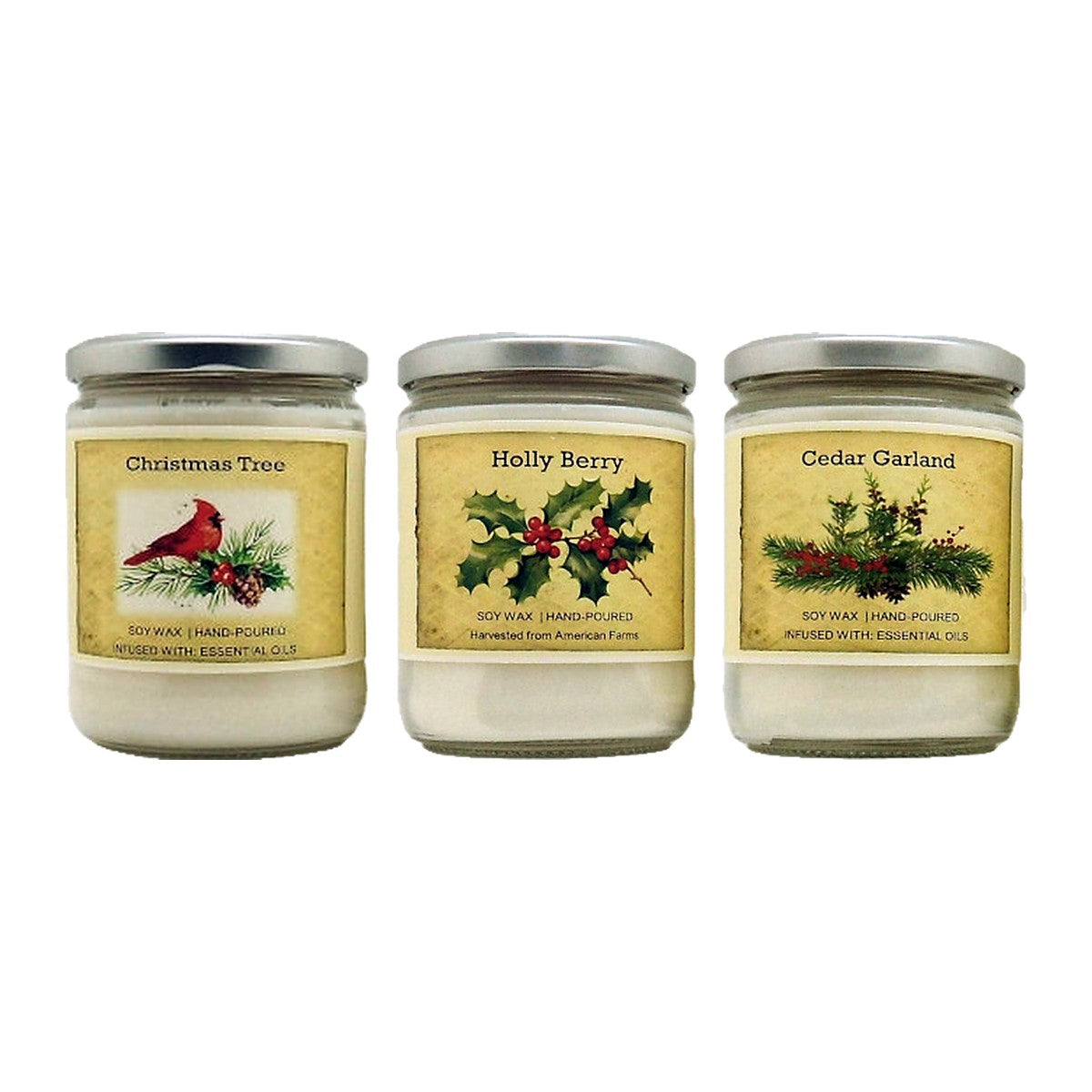 Holiday Candle Trio: a 12 oz. Christmas Tree wood wick candle, a 12 oz. Holly Berry wood wick candle, a 12 oz. Cedar Garland wood wick candle