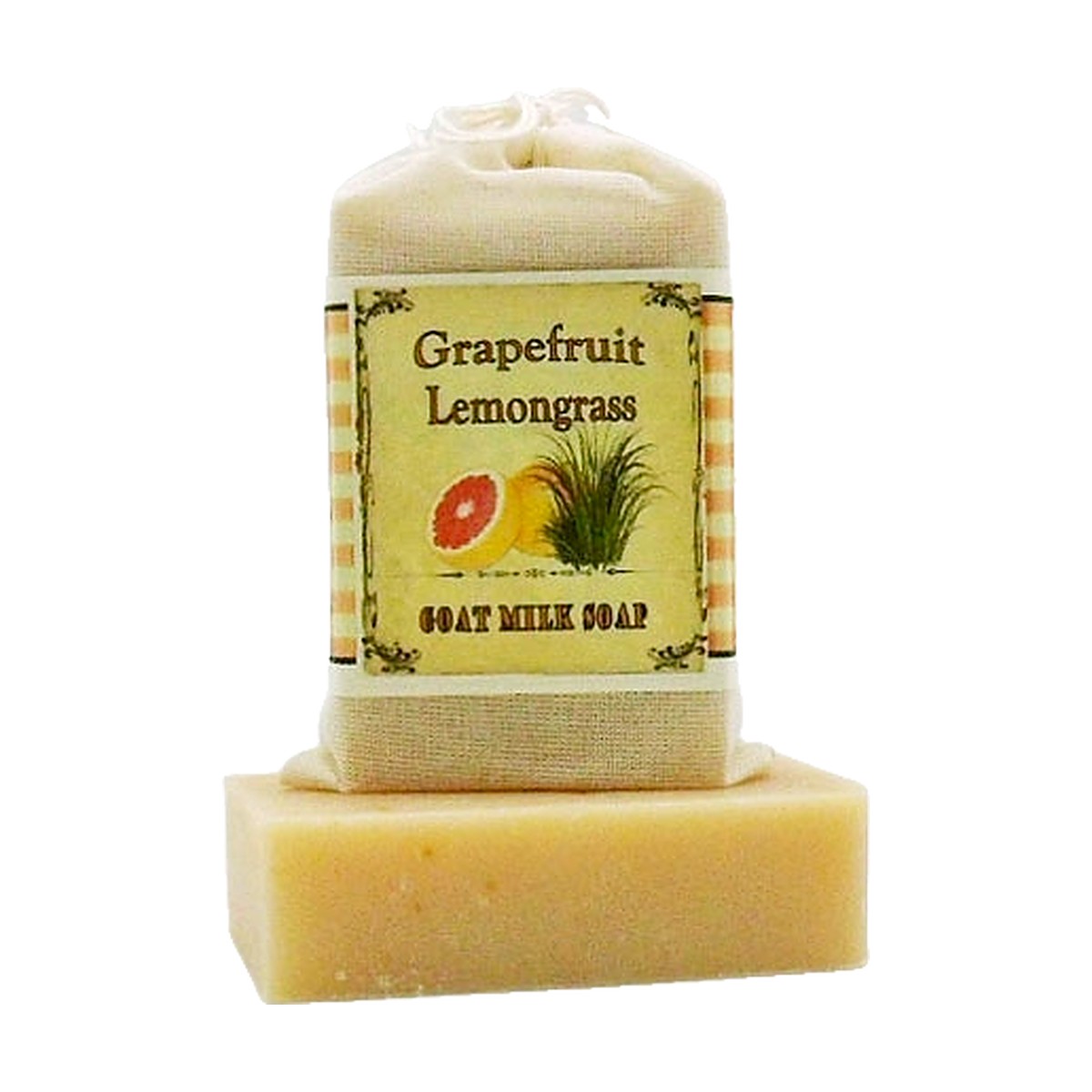 Grapefruit Lemongrass Goat Milk Soap bar with labeled muslin soap bag