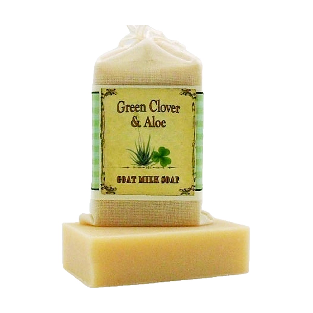 Green Clover & Aloe Goat Milk Soap bar with labeled muslin soap bag