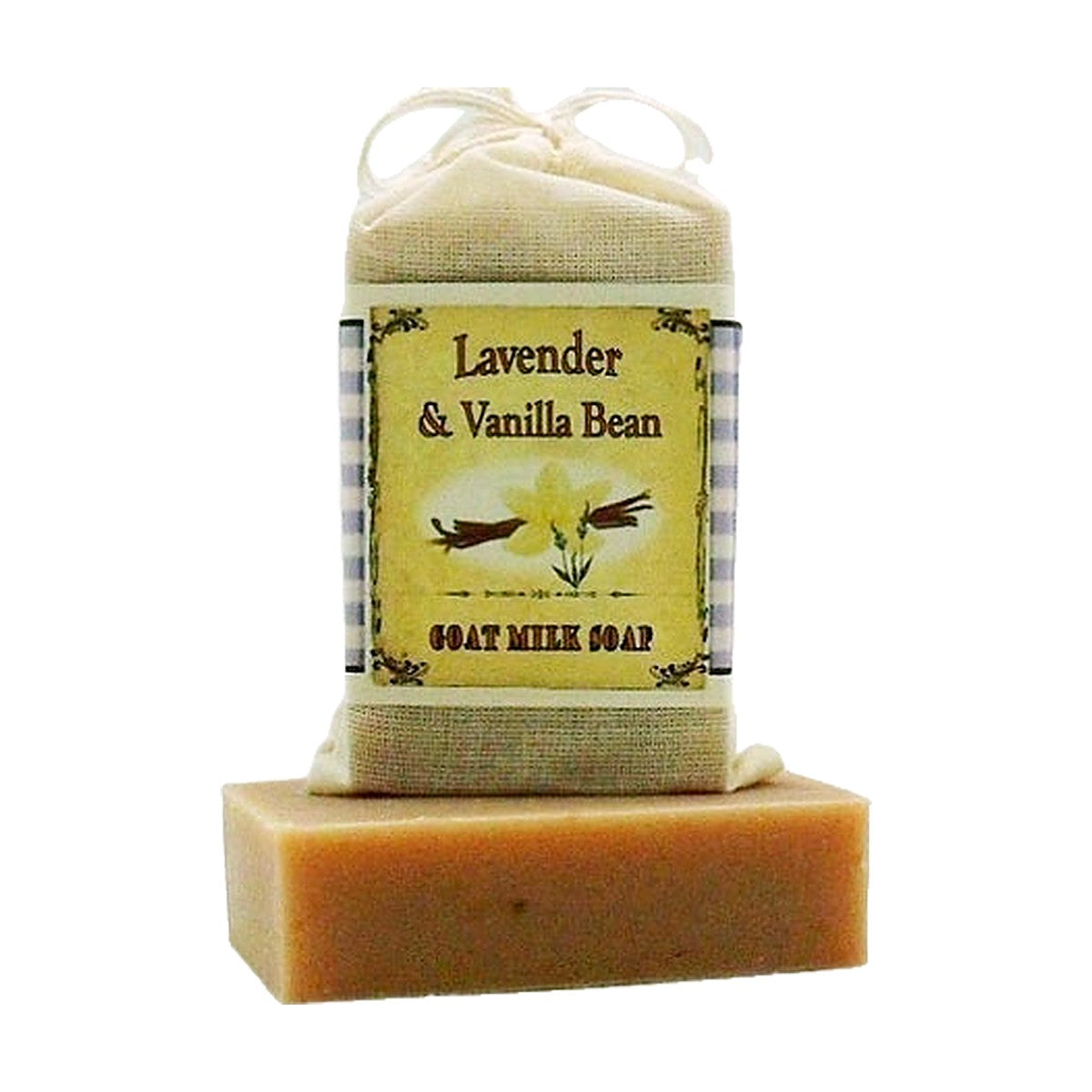 Lavender & Vanilla Bean Goat Milk Soap bar with labeled muslin soap bag