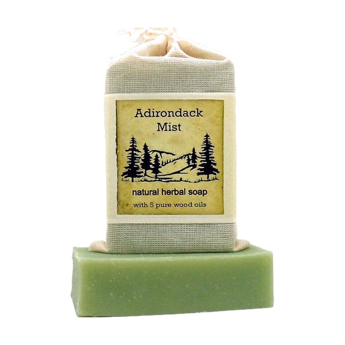 Adirondack Mist Herbal Soap bar with labeled muslin soap bag