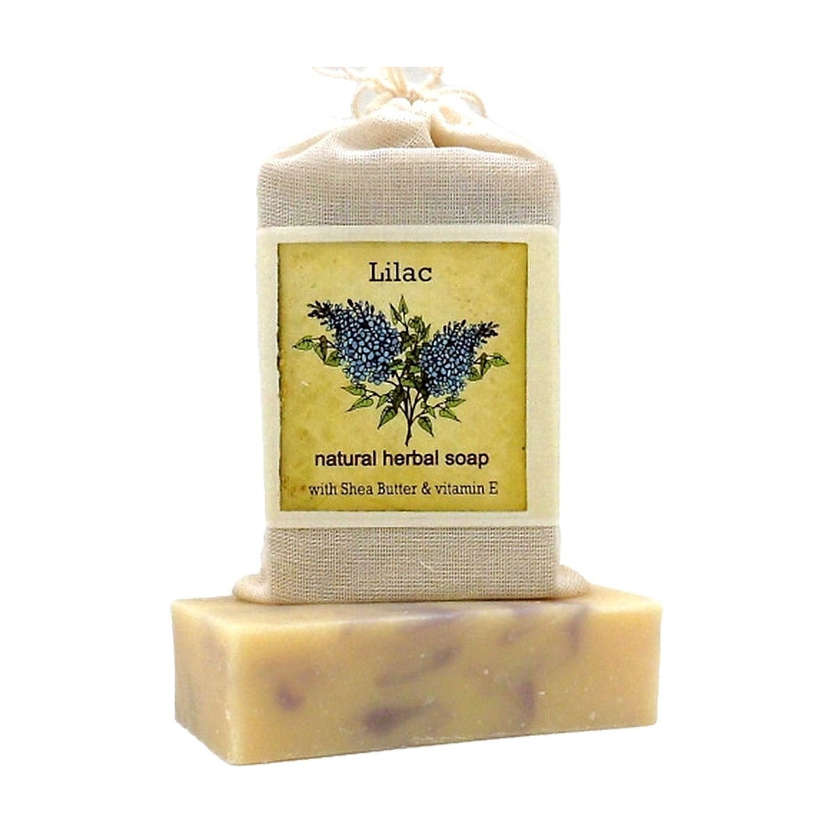 Lilac Herbal Soap bar with labeled muslin soap bag