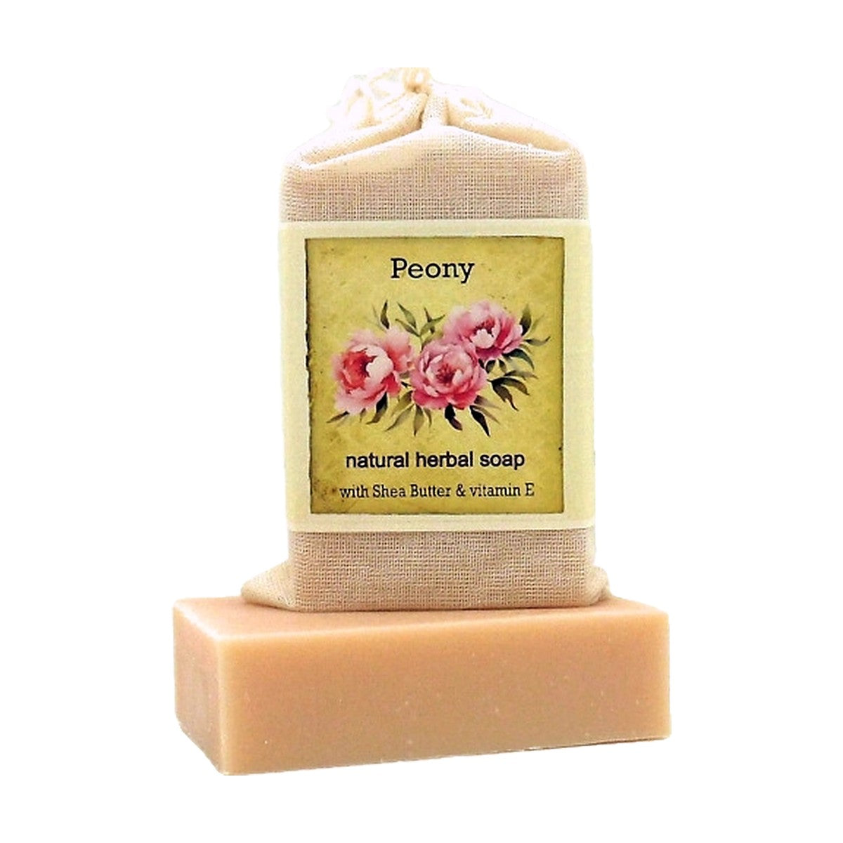 Peony Herbal Soap bar with labeled muslin soap bag