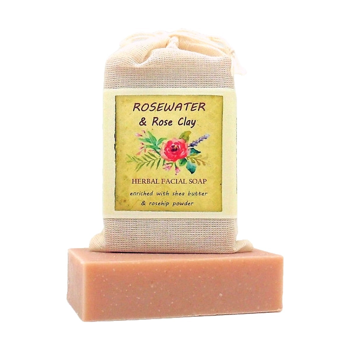 Rosewater with Rose Clay Soap bar with labeled muslin soap bag