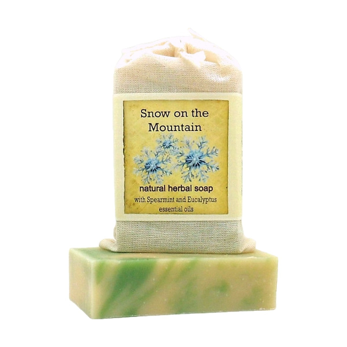 Snow on the Mountain Herbal Soap bar with labeled muslin soap bag
