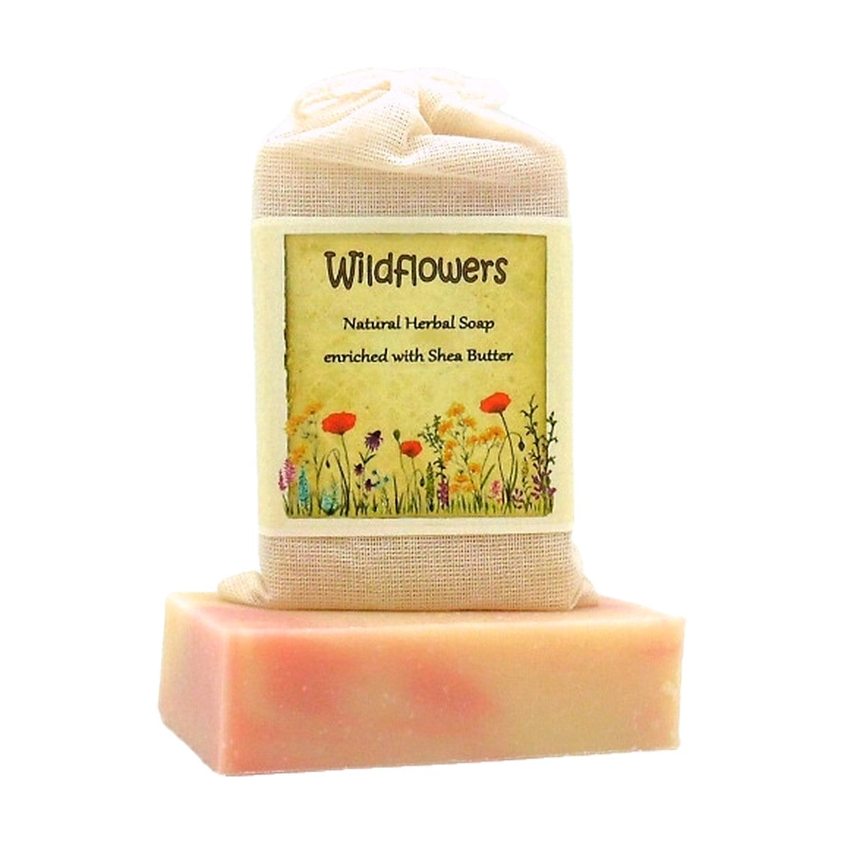 Wildflowers Herbal Soap bar with labeled muslin soap bag