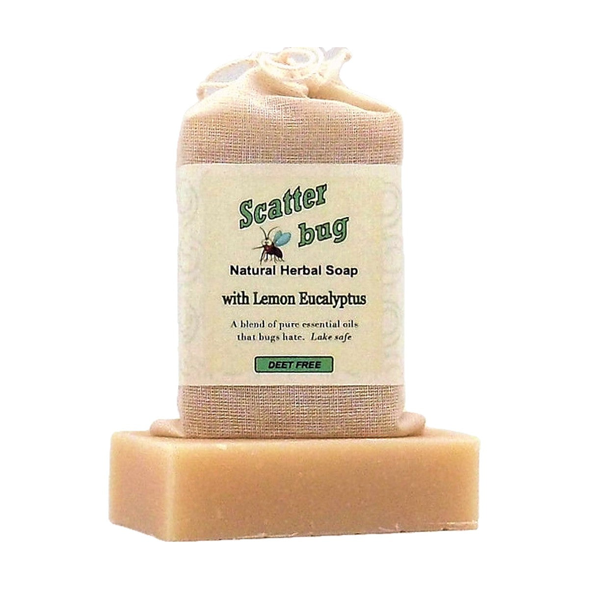 Scatter Bug Soap bar with labeled muslin soap bag