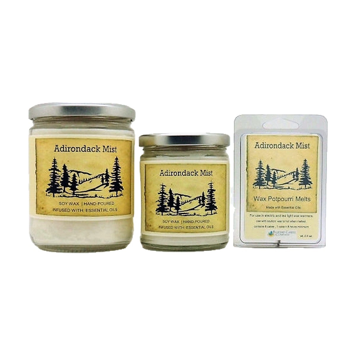 Adirondack Mist soy wood wick candle in 12 oz. and 7 oz. jars with wax potpourri melts