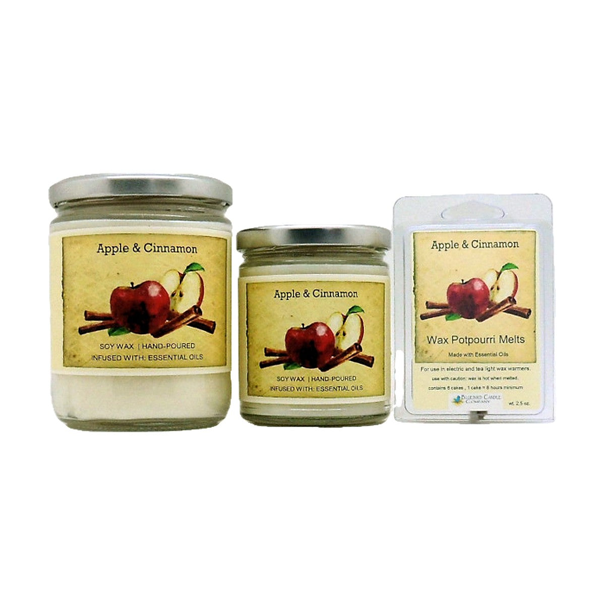Apple & Cinnamon soy wood wick candle in 12 oz. and 7 oz. jars with wax potpourri melts