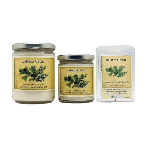Balsam Cedar soy wood wick candle in 12 oz. and 7 oz. jars with wax potpourri melts