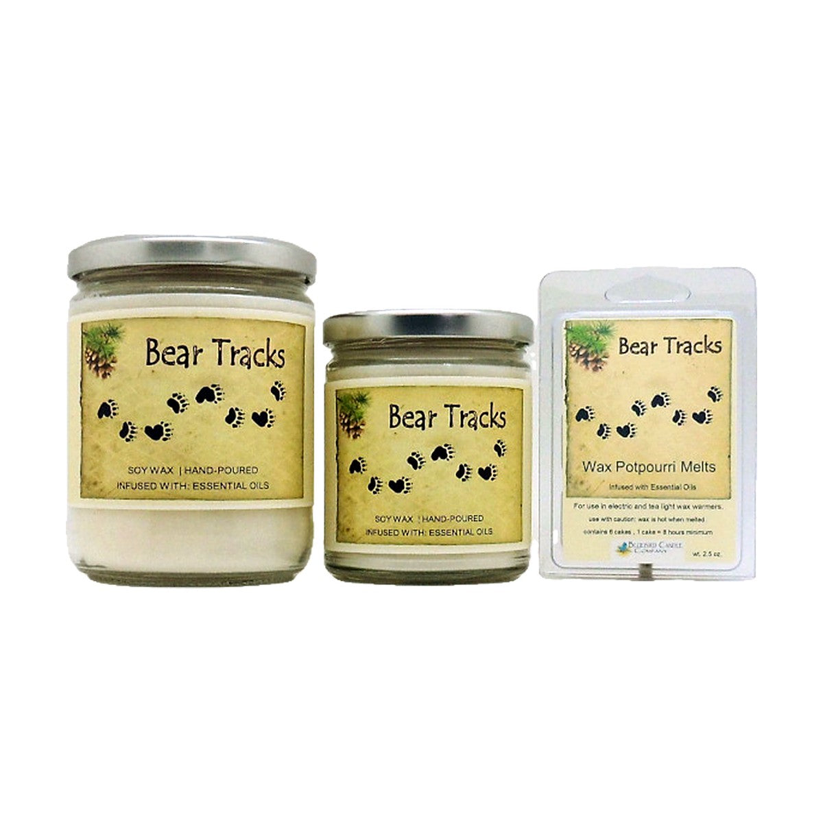 Bear Tracks soy wood wick candle in 12 oz. and 7 oz. jars with wax potpourri melts