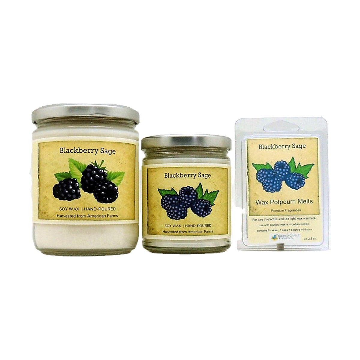 Blackberry Sage soy wood wick candle in 12 oz. and 7 oz. jars with wax potpourri melts