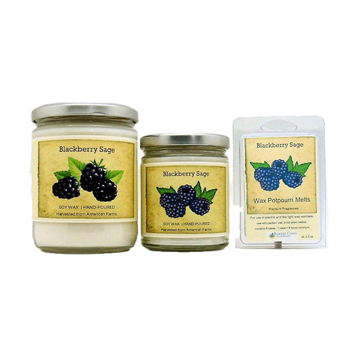 Blackberry Sage soy wood wick candle in 12 oz. and 7 oz. jars with wax potpourri melts