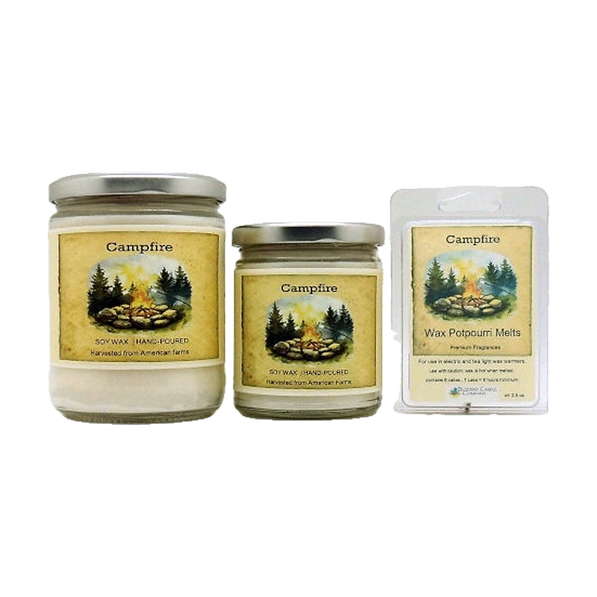 Campfire soy wood wick candle in 12 oz. and 7 oz. jars with wax potpourri melts