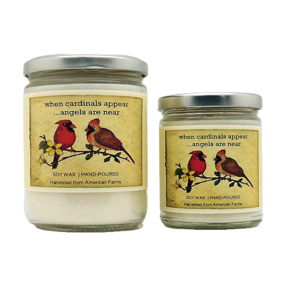 When Cardinals Appear soy wood wick candle in 12 oz. and 7 oz. jars