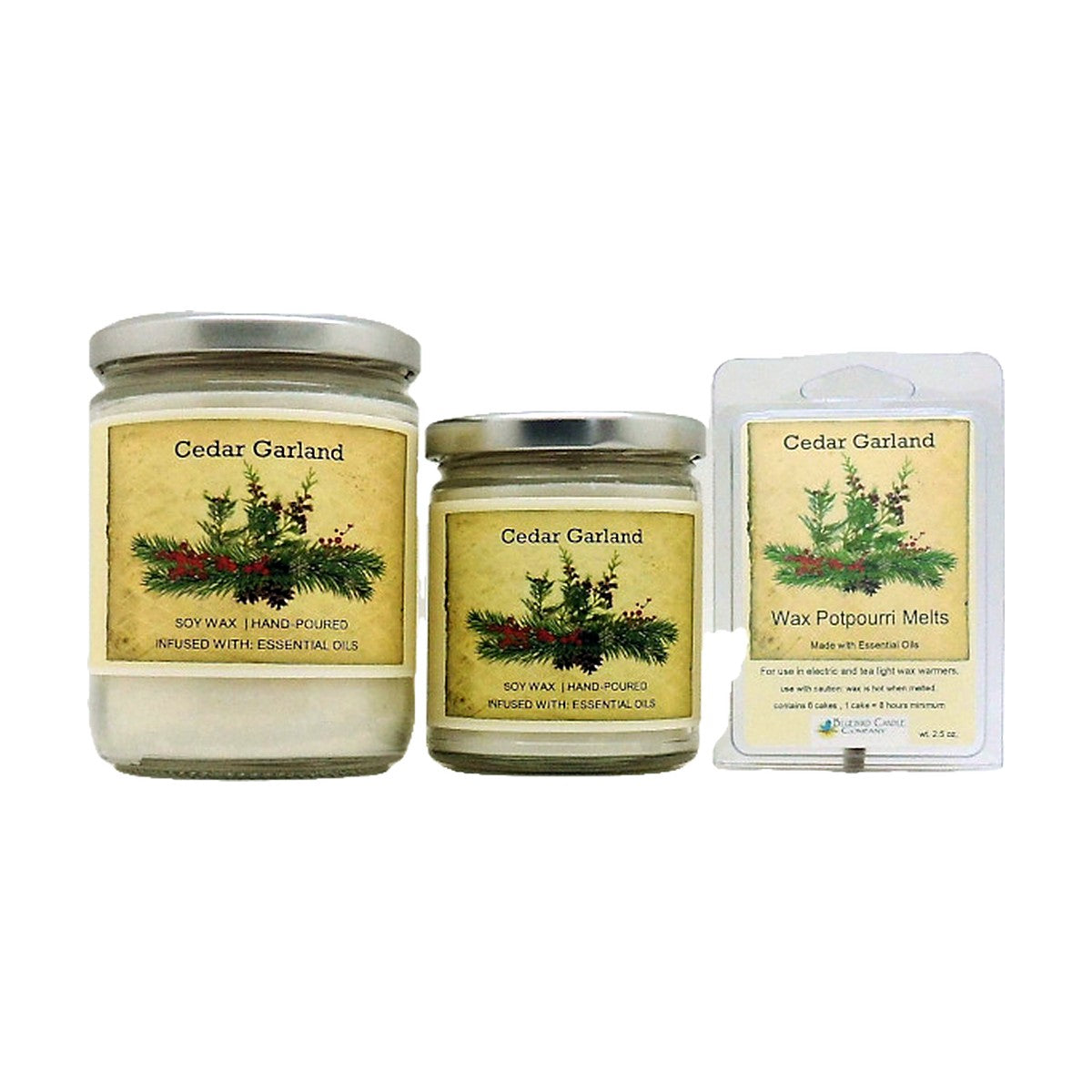 Cedar Garland soy wood wick candle in 12 oz. and 7 oz. jars with wax potpourri melts