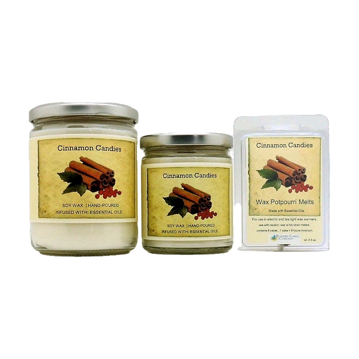 Cinnamon Candies soy wood wick candle in 12 oz. and 7 oz. jars with wax potpourri melts