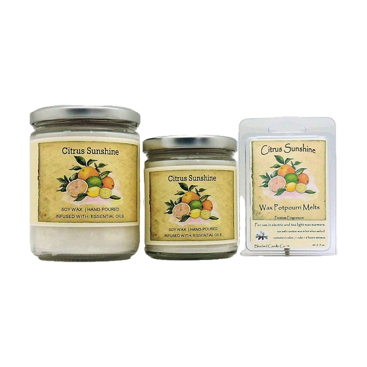 Citrus Sunshine soy wood wick candle in 12 oz. and 7 oz. jars with wax potpourri melts