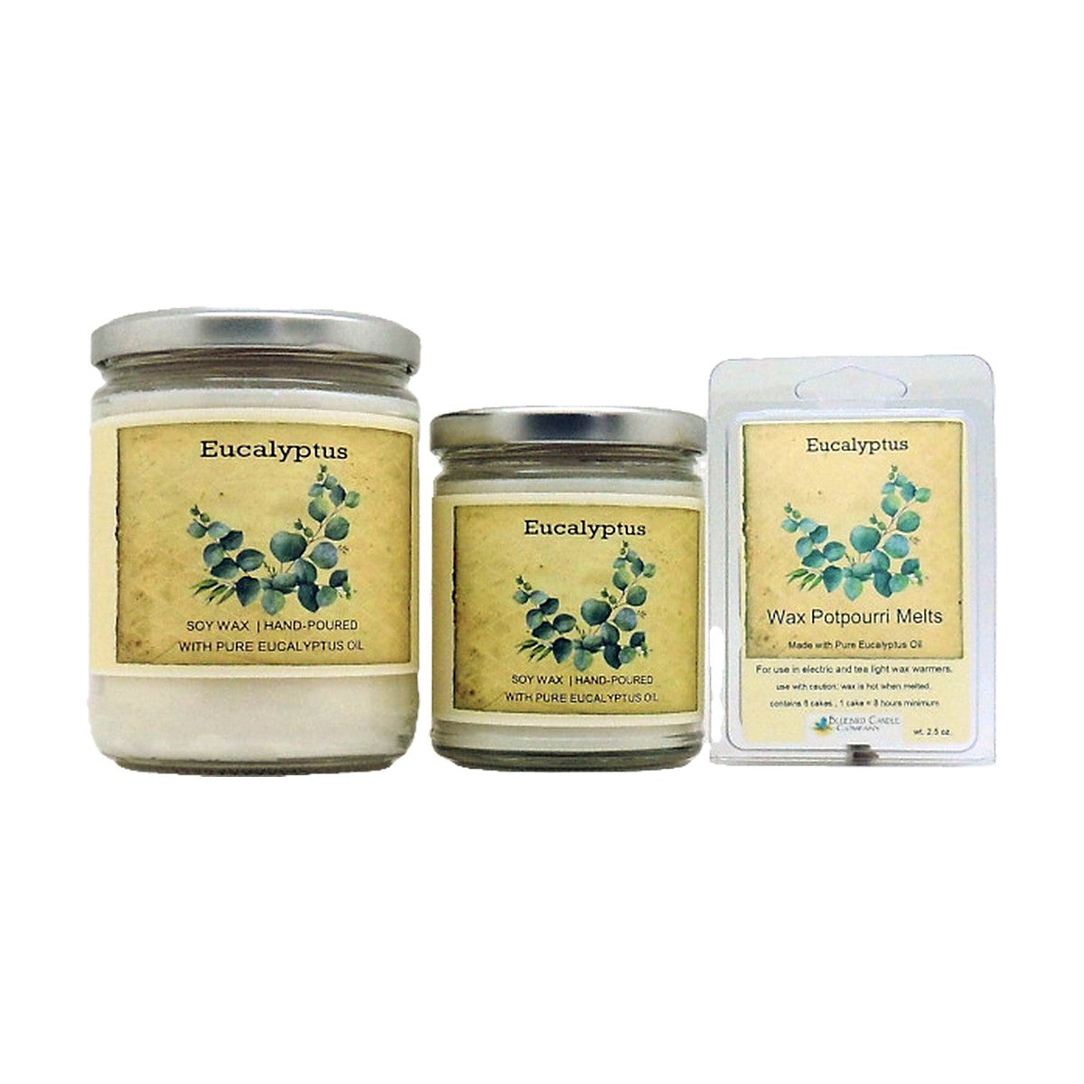 Eucalyptus soy wood wick candle in 12 oz. and 7 oz. jars with wax potpourri melts