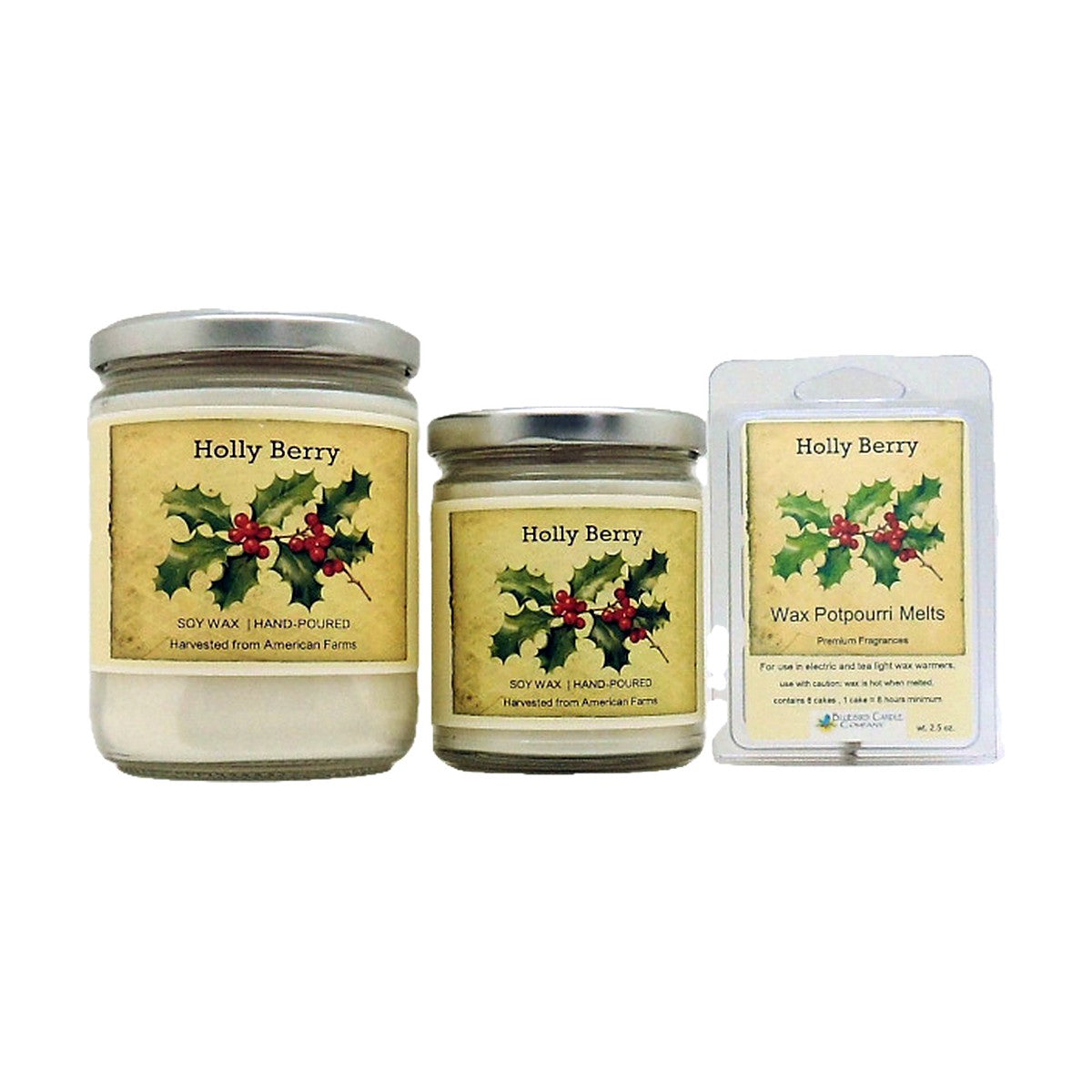 Holly Berry soy wood wick candle in 12 oz. and 7 oz. jars with wax potpourri melts