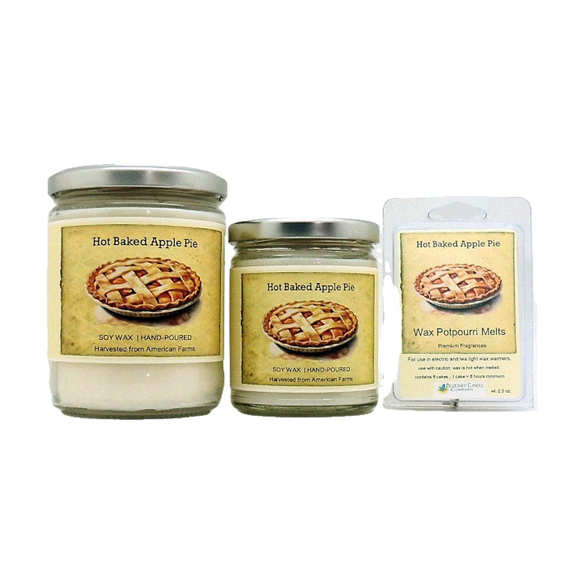 Hot Baked Apple Pie soy wood wick candle in 12 oz. and 7 oz. jars with wax potpourri melts
