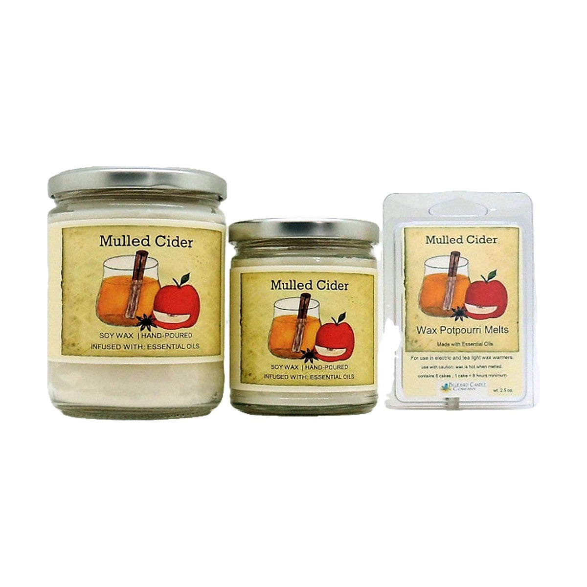 Mulled Cider soy wood wick candle in 12 oz. and 7 oz. jars with wax potpourri melts