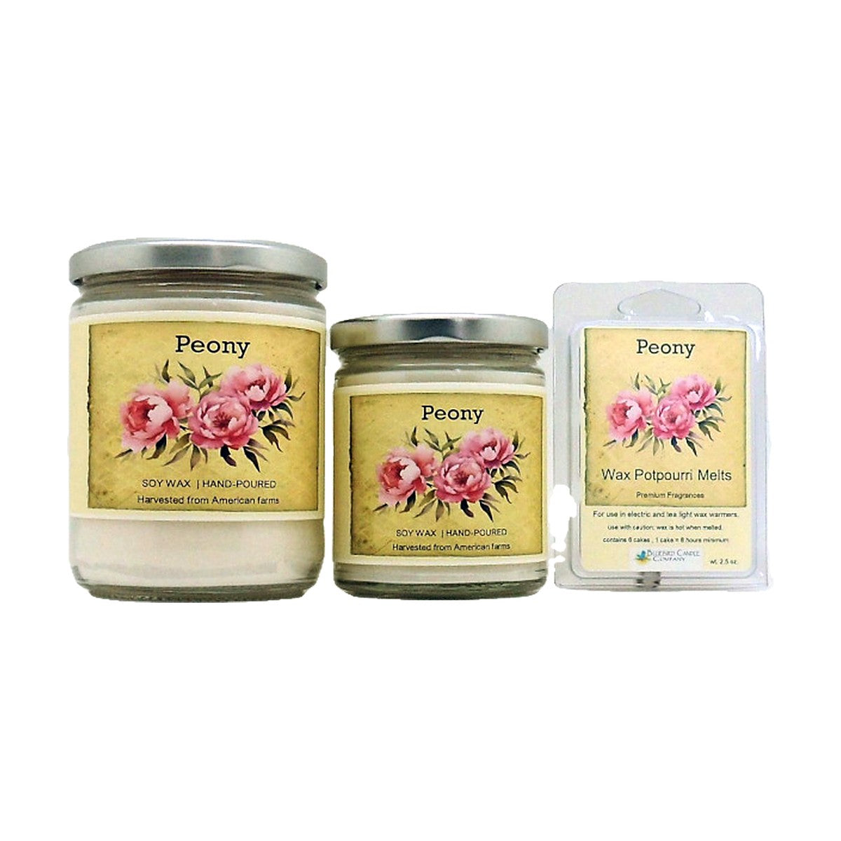 Peony soy wood wick candle in 12 oz. and 7 oz. jars with wax potpourri melts