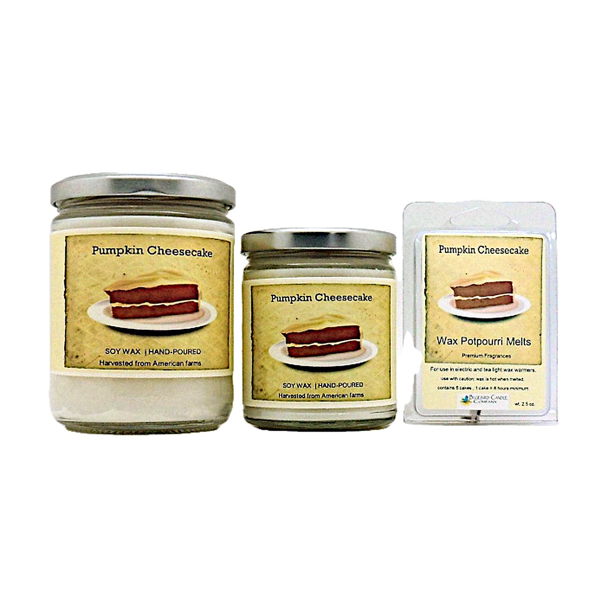 Pumpkin Cheesecake soy wood wick candle in 12 oz. and 7 oz. jars with wax potpourri melts