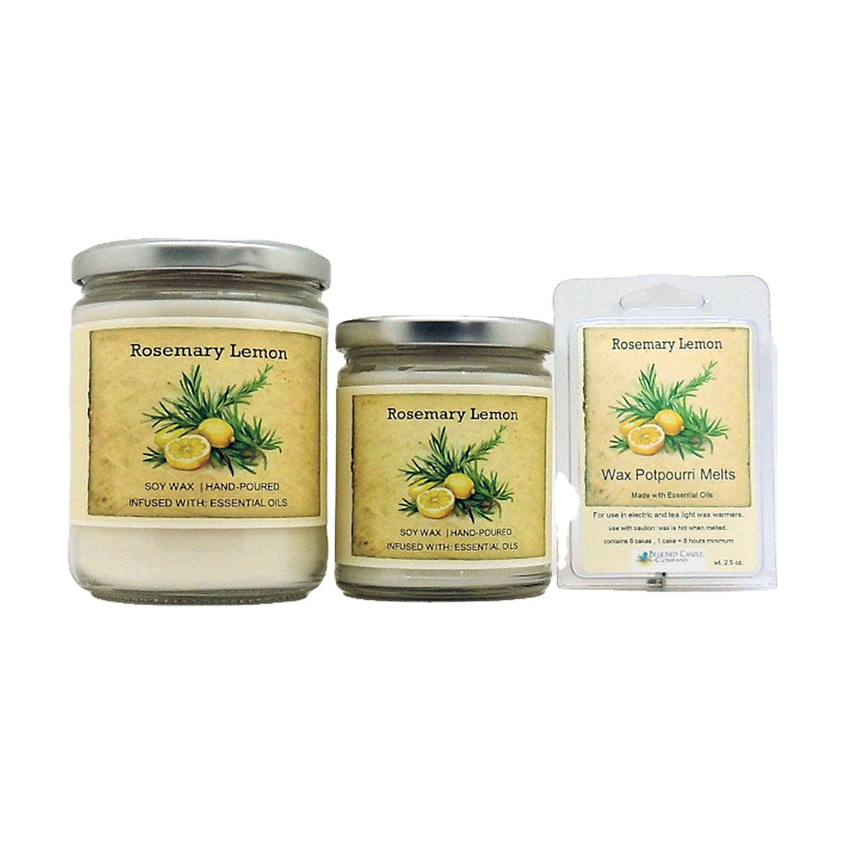 Rosemary Lemon soy wood wick candle in 12 oz. and 7 oz. jars with wax potpourri melts