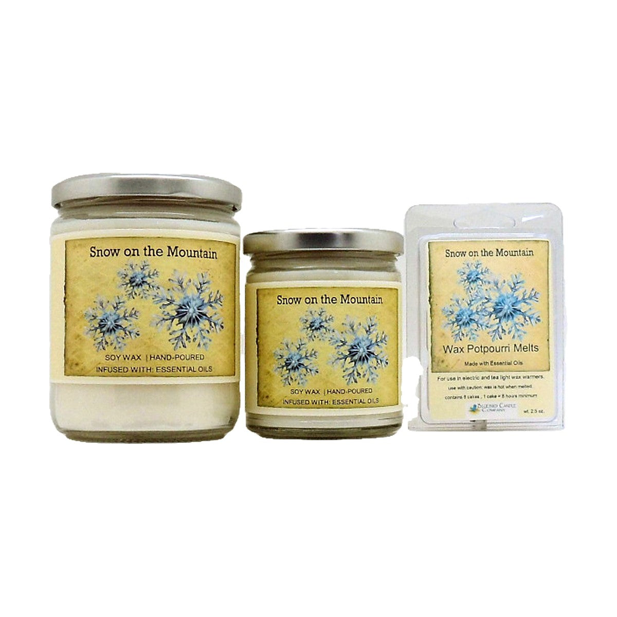 Snow on the Mountain soy wood wick candle in 12 oz. and 7 oz. jars with wax potpourri melts