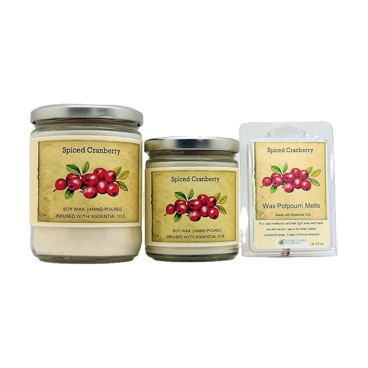Spiced Cranberry soy wood wick candle in 12 oz. and 7 oz. jars with wax potpourri melts