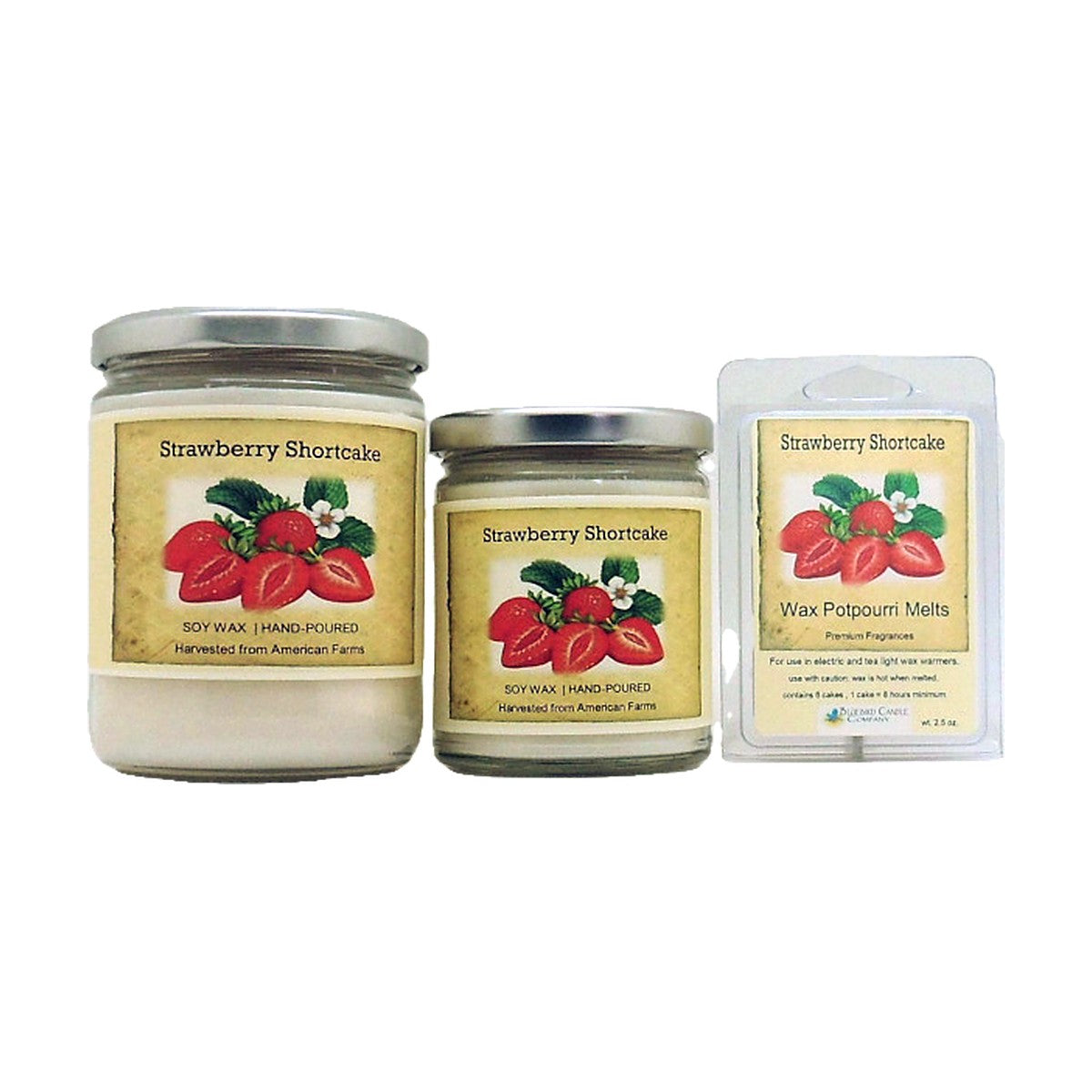 Strawberry Shortcake soy wood wick candle in 12 oz. and 7 oz. jars with wax potpourri melts