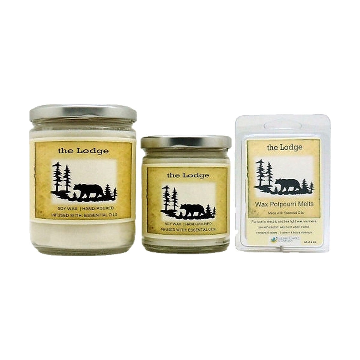 The Lodge soy wood wick candle in 12 oz. and 7 oz. jars with wax potpourri melts