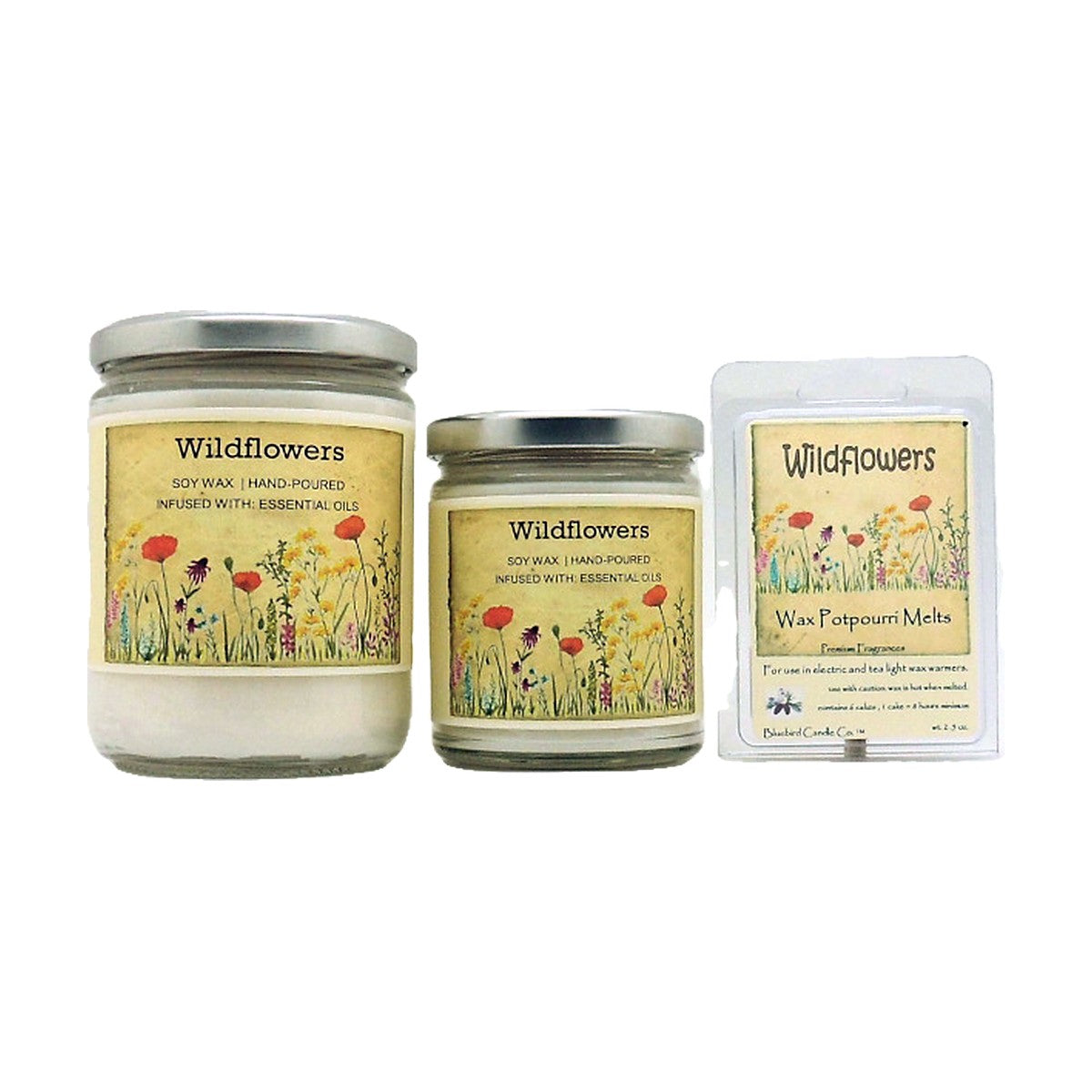 Wild Flowers soy wood wick candle in 12 oz. and 7 oz. jars with wax potpourri melts