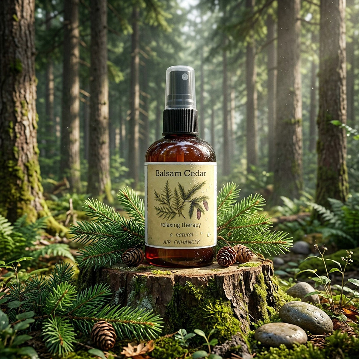 Balsam Cedar Spray bottle styled outdoors