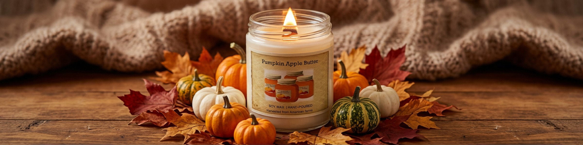 Pumpkin Apple Butter soy candle with a wood wick, surrounded by small pumpkins and autumn leaves